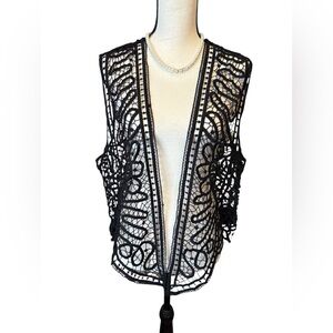 Black Crochet Open Front Vest